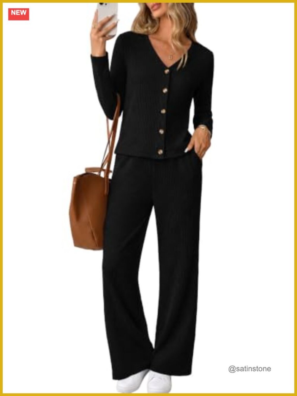Women's 2 Piece Ribbed Knit Button Front Loungewear Set High Waist Flare Pants